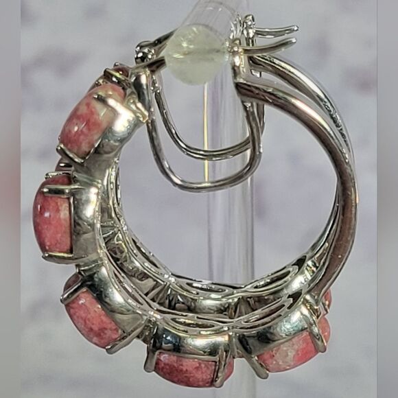 Elegant Silver and Pink Stone Hoop Earrings - Picture 11 of 14